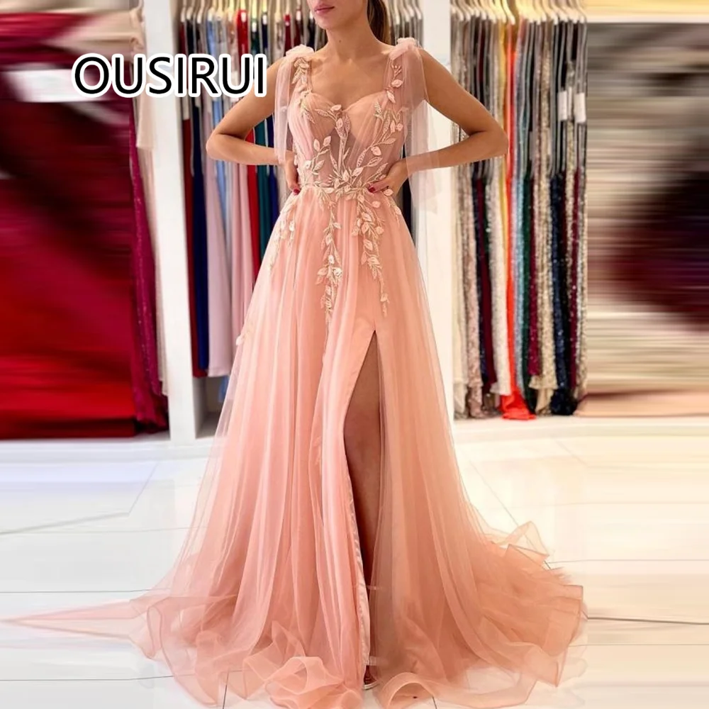 Glamorous Spaghetti Straps Tulle A-line Evening Women's Dresses Backless Side Slit Sweep Trian Prom Gown with Lace Customized