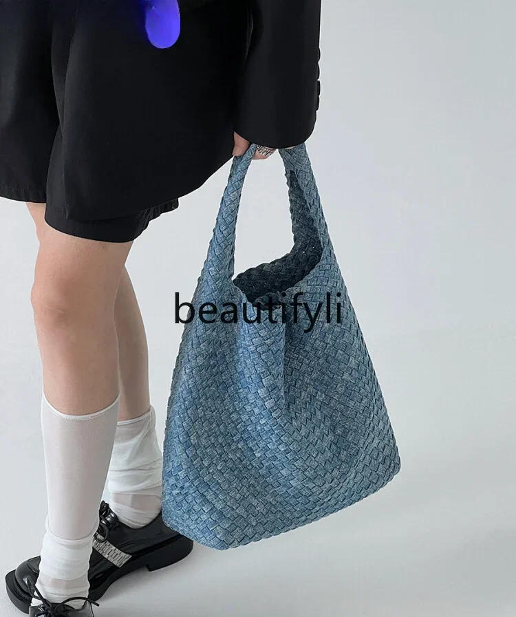 Tie-dye denim bag, hand-woven shoulder bag