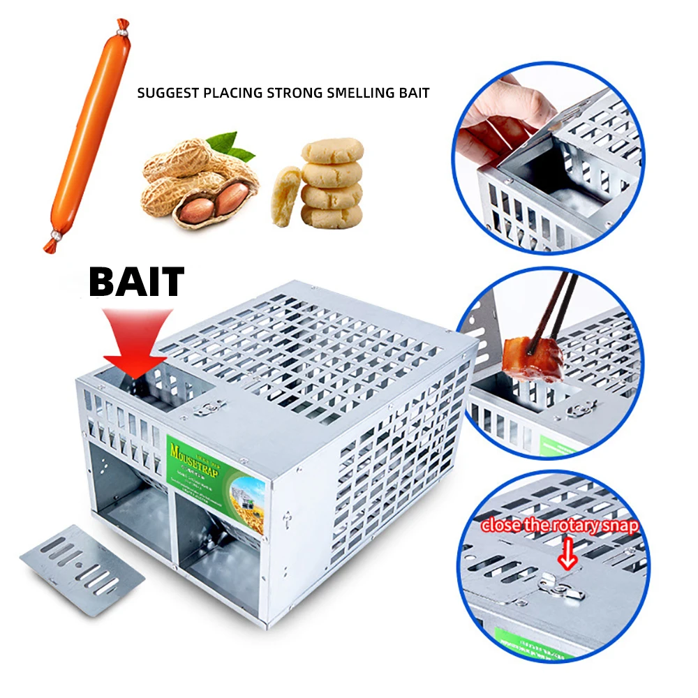 Humane Smart Double Door Rat Trap Steel No Kill Live Catch with Air Holes Mice Trap Effective Sanitary Safe Mouse Cage Traps