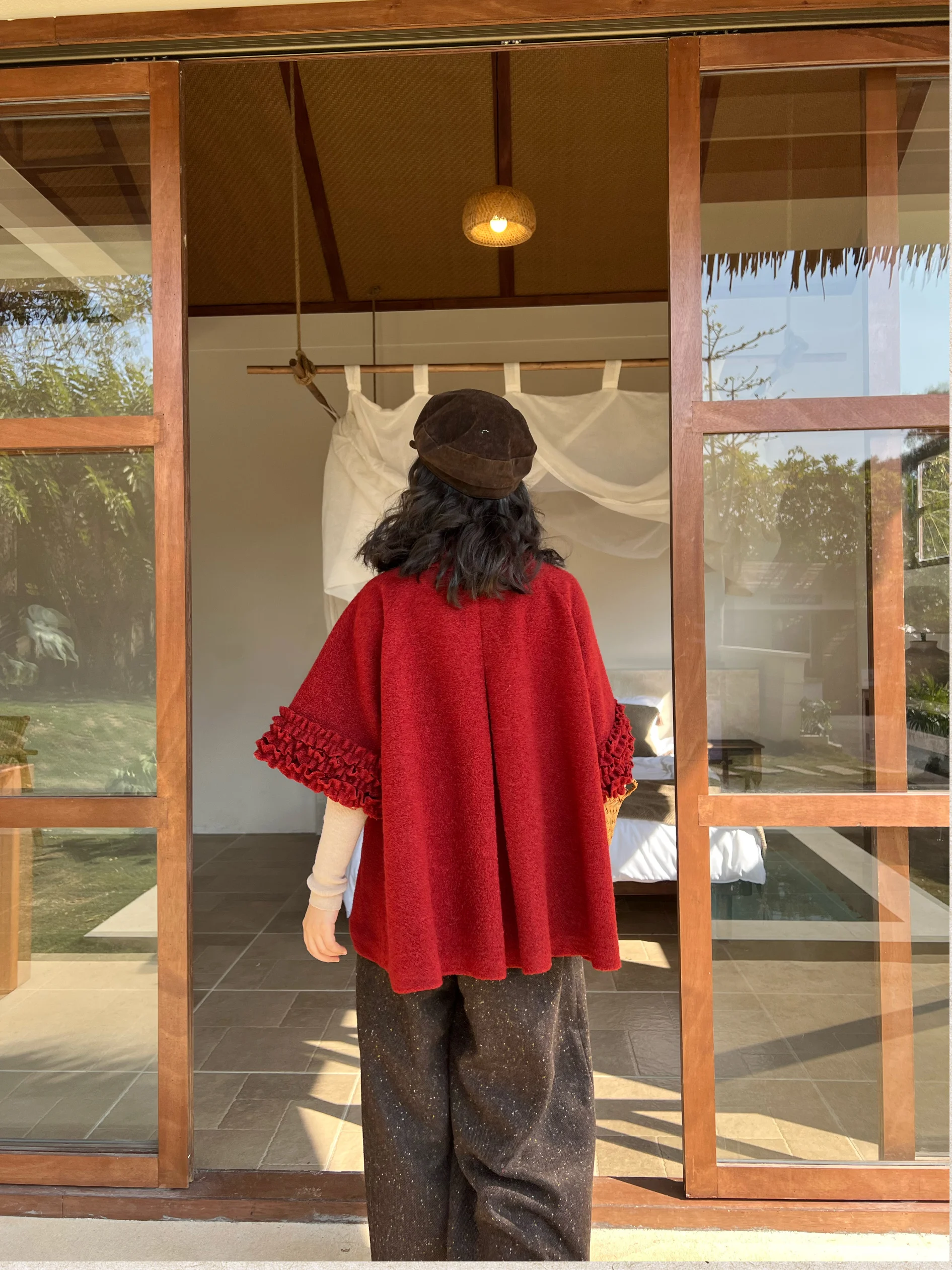 

Red New Year Flounce Woolen Coat Cowl Ne Heavy Work Embroidery Vintage Sle Women's Faion Online Exclusive Winter Outerwear