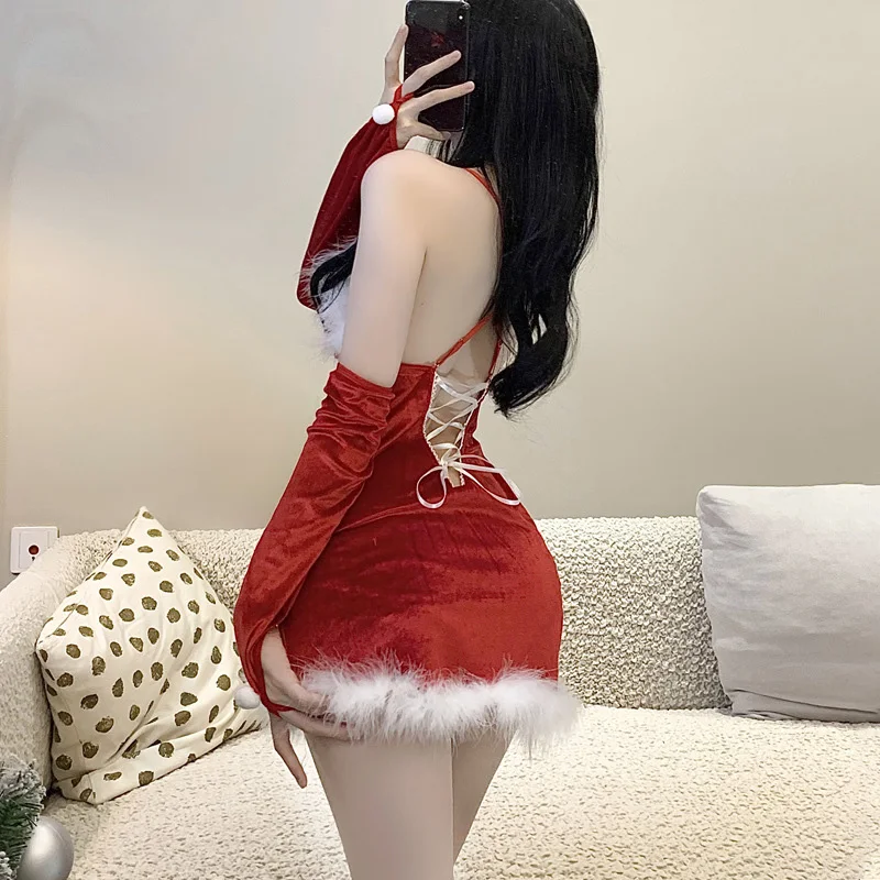 Red Velvet Girls Maid Skirt Sexy Bunny Uniform Xmas Cosplay Santa Costume Carnival Masquerade Party Backless Slip Dress Uniform