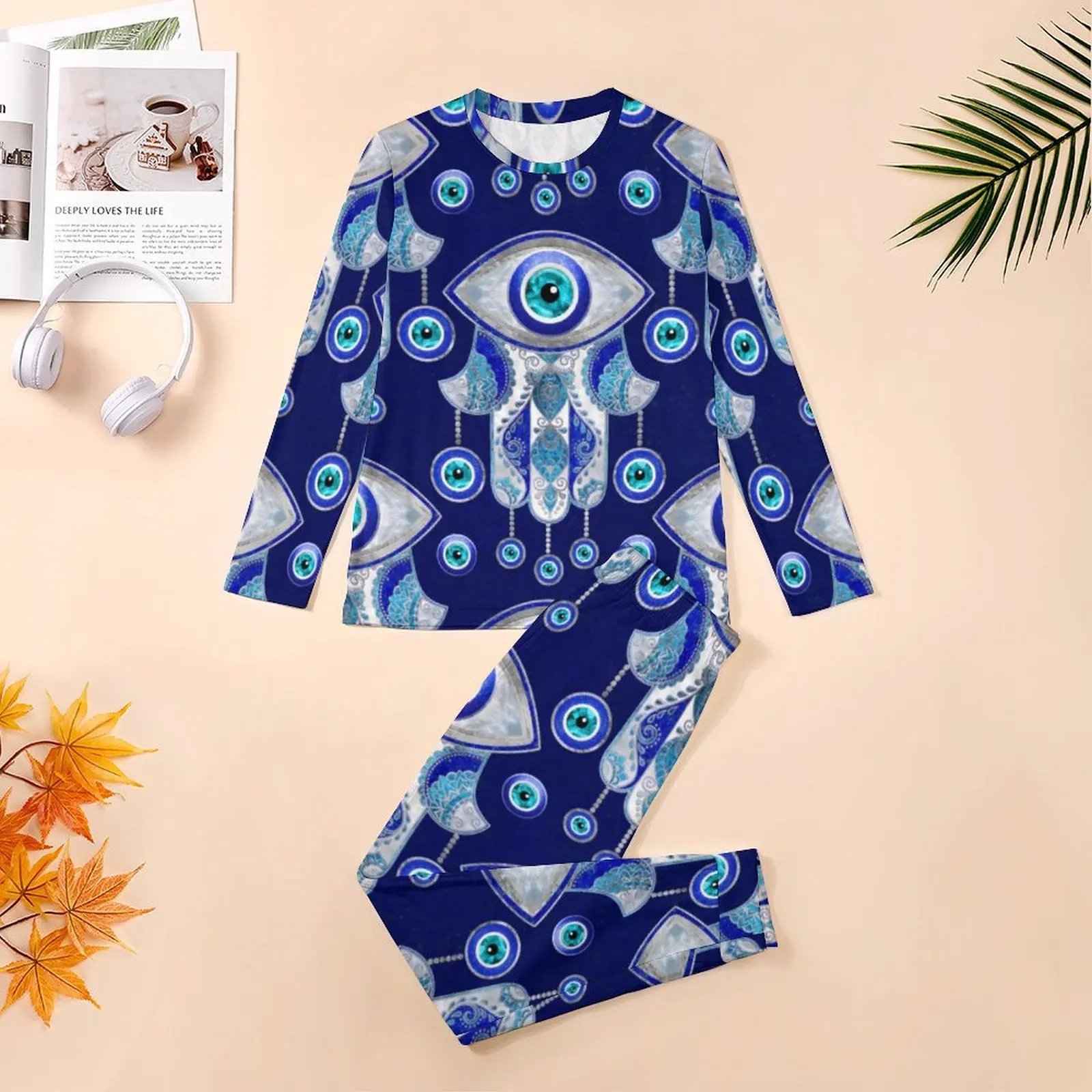 Abstract Evil Eye Pajamas Autumn Hamsa Hand Room Sleepwear Male 2 Pieces Graphic Long Sleeve Soft Oversized Pajama Sets