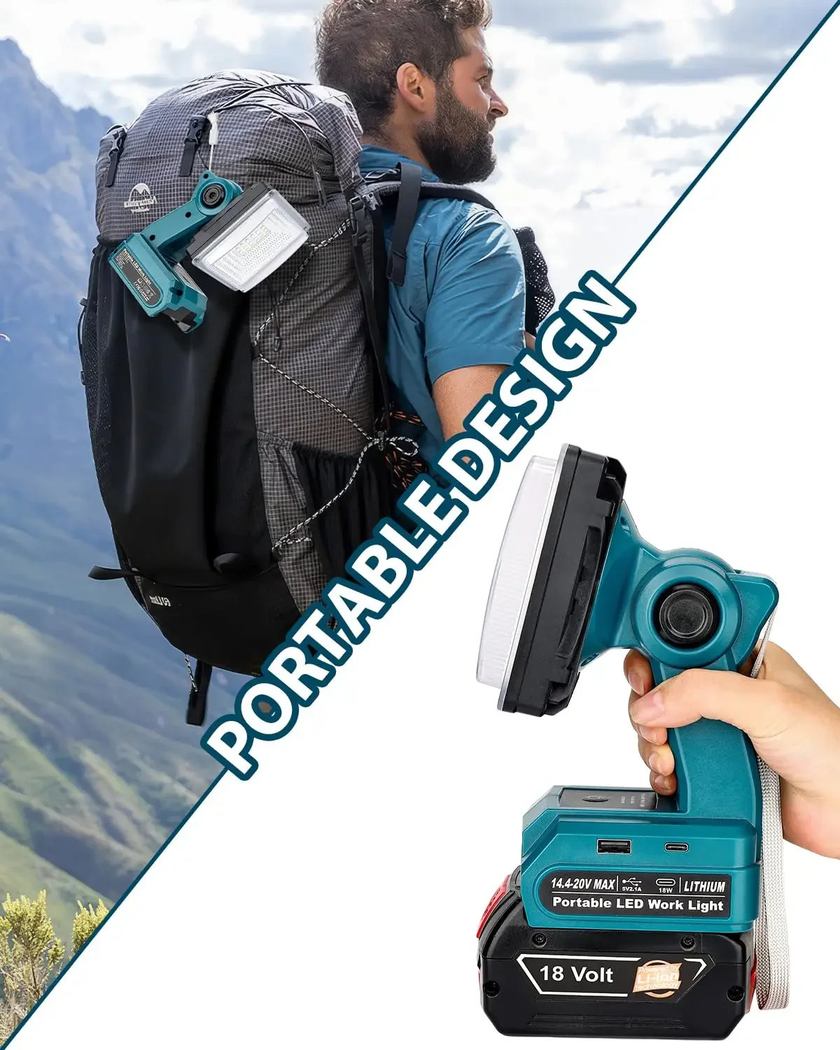 Portable Outdoor Light LED Cordless Work Light for Bosch 18V Li-ion Battery with USB Interface for Work Site and Emergency Use