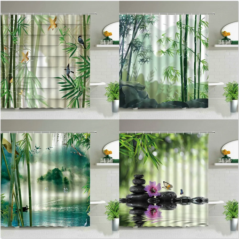 Green Bamboo Zen Stone Flower Chinese Style Landscape Shower Curtains Plant Scenery Bathroom Decor Screen Bath Curtain With Hook