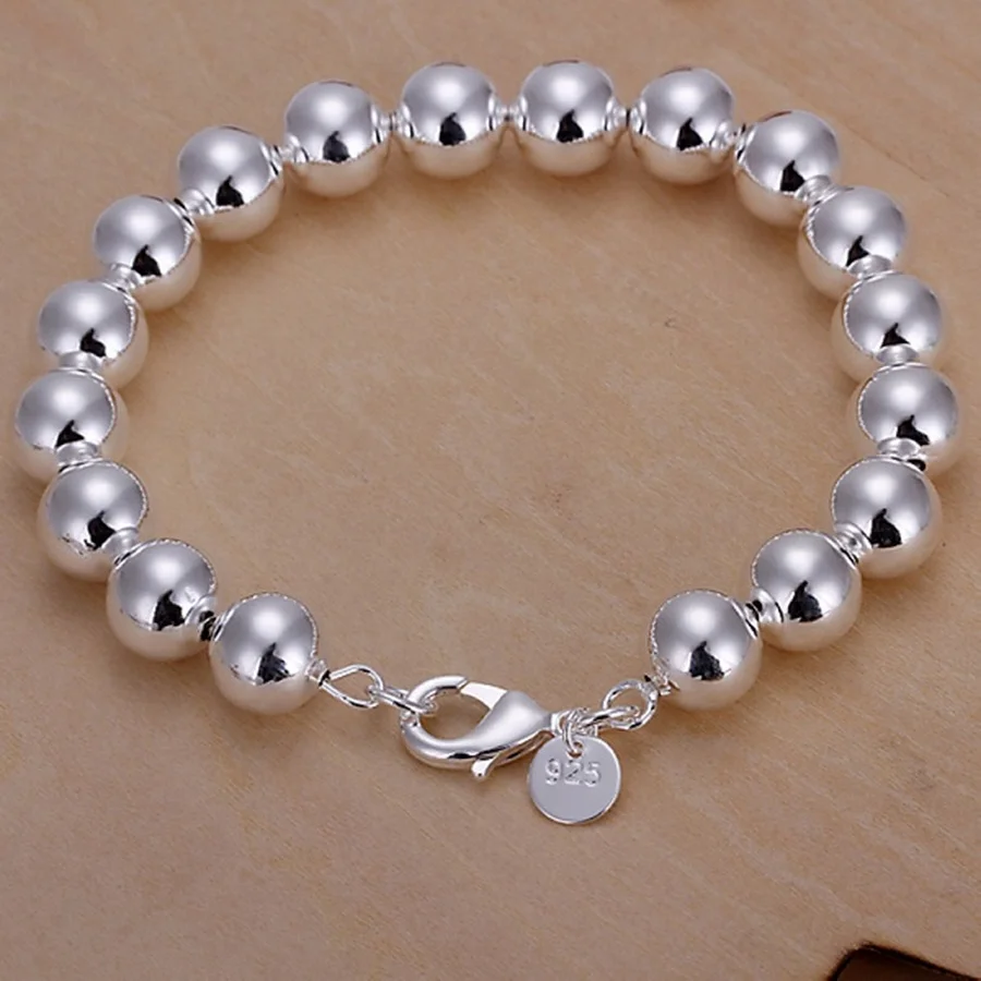 4mm-14mm Beads  925 Sterling Silver Bracelets Fashion Charm Chain Jewelry High Quality Women Lady Party Gift Wedding