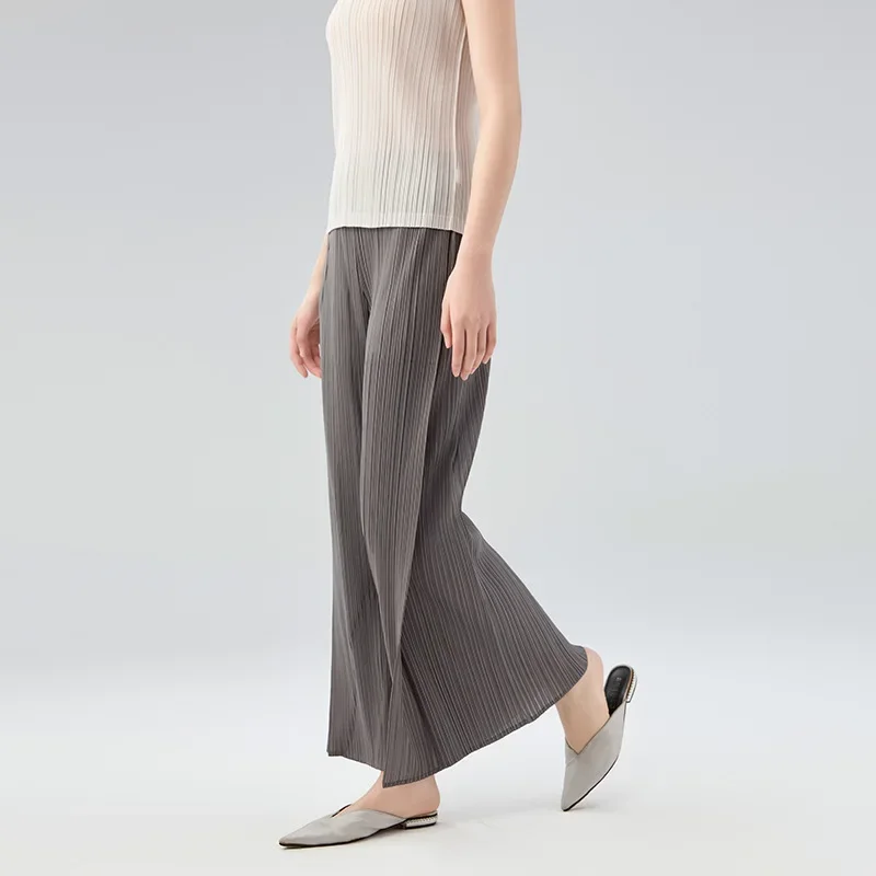 Casual Pants for Women 2024 New Summer Style Mid Waist Pleated Long Spliced Straight Leg Pants Miyake