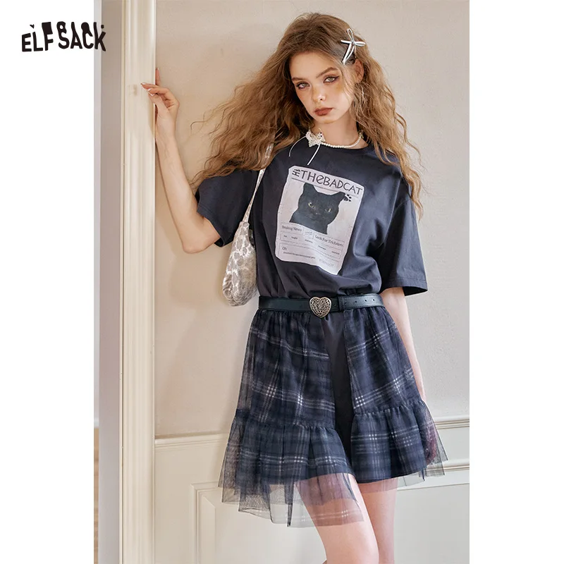 

ELFSACK Cute Patchwork T-Shirt Dress for Women, Casual Graphic Tee with Plaid Tulle Skirt, Loose Mini Dress for Summer