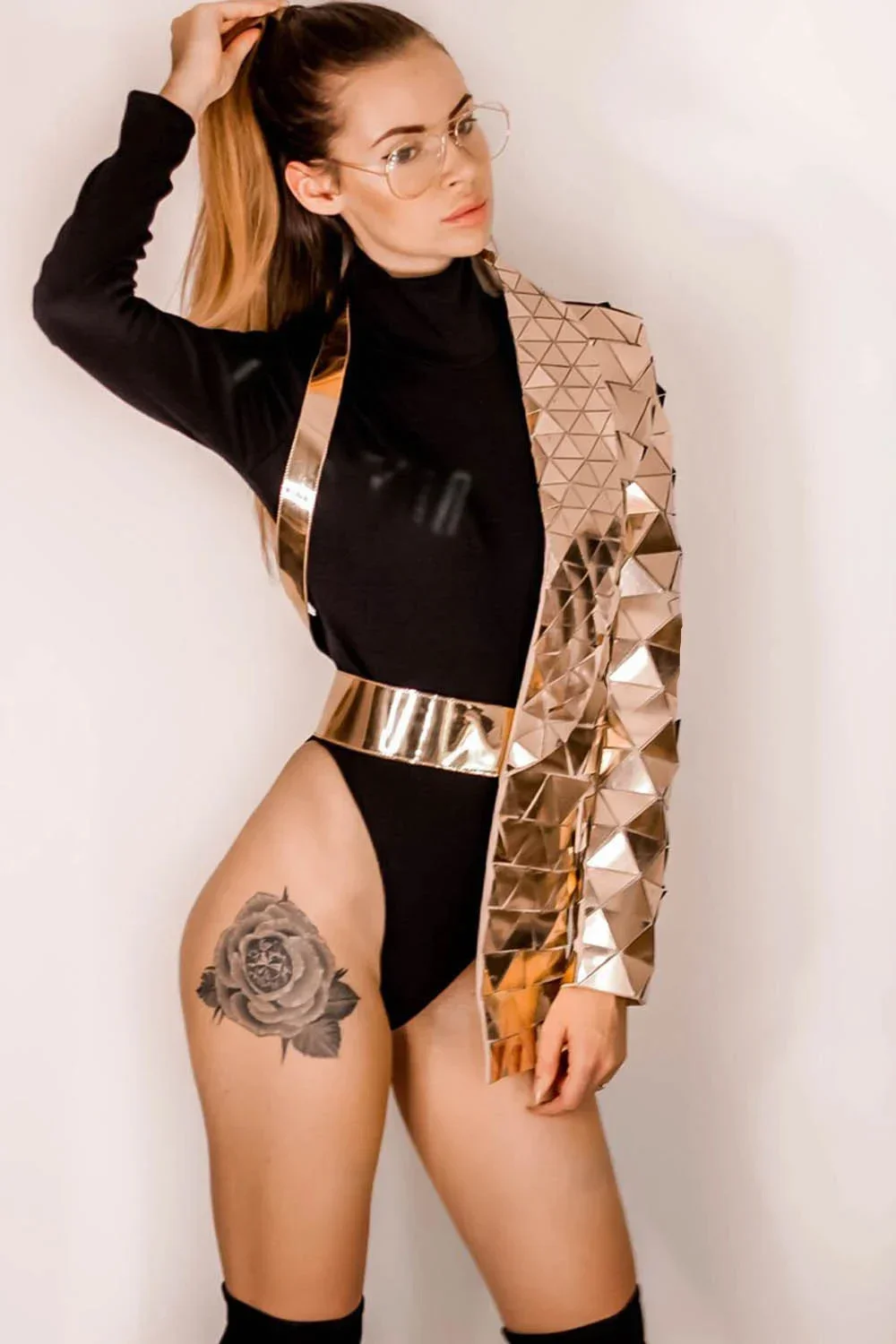 

One Sleeve Geometric Sequin Jacket-Gold Bandage Half Coat Nightclub Evening Jacket Outerwear Spring Asymmetric Fashion Top 2024