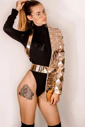 One Sleeve Geometric Sequin Jacket-Gold Bandage Half Coat Nightclub Evening Jacket Outerwear Spring Asymmetric Fashion Top 2024