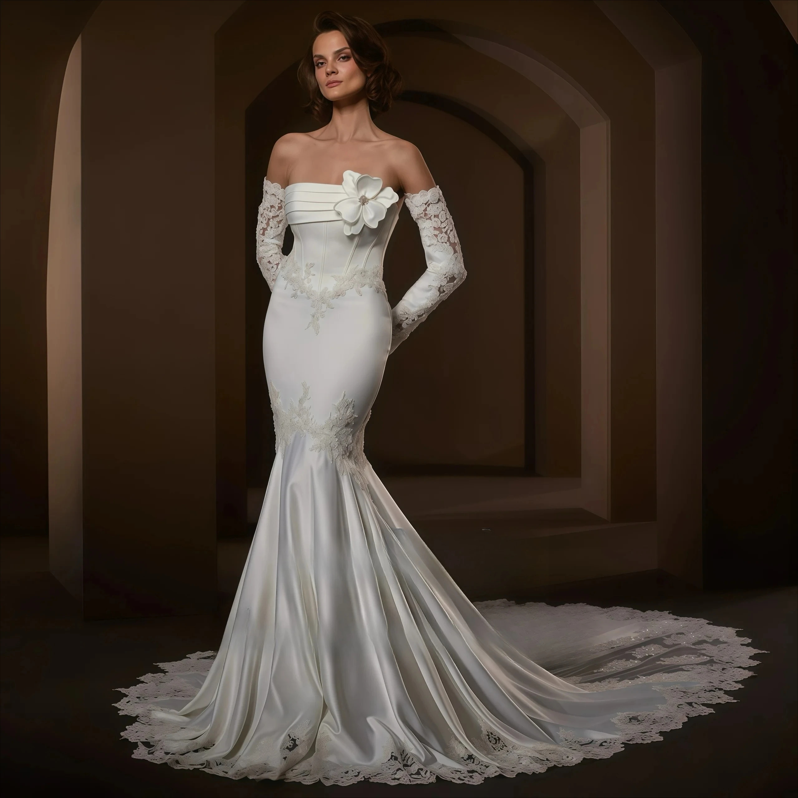 Customized Glossy Satin Strapless Floral Embellished Fishtail Zipper Back Lace Trim Sweep Train Floor Length Bridal Attire