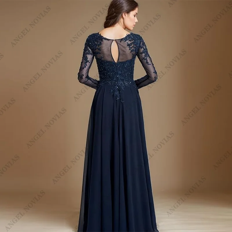 Vestido azul marino para madre de la novia, traje de noche con cuello de Joya, elegante