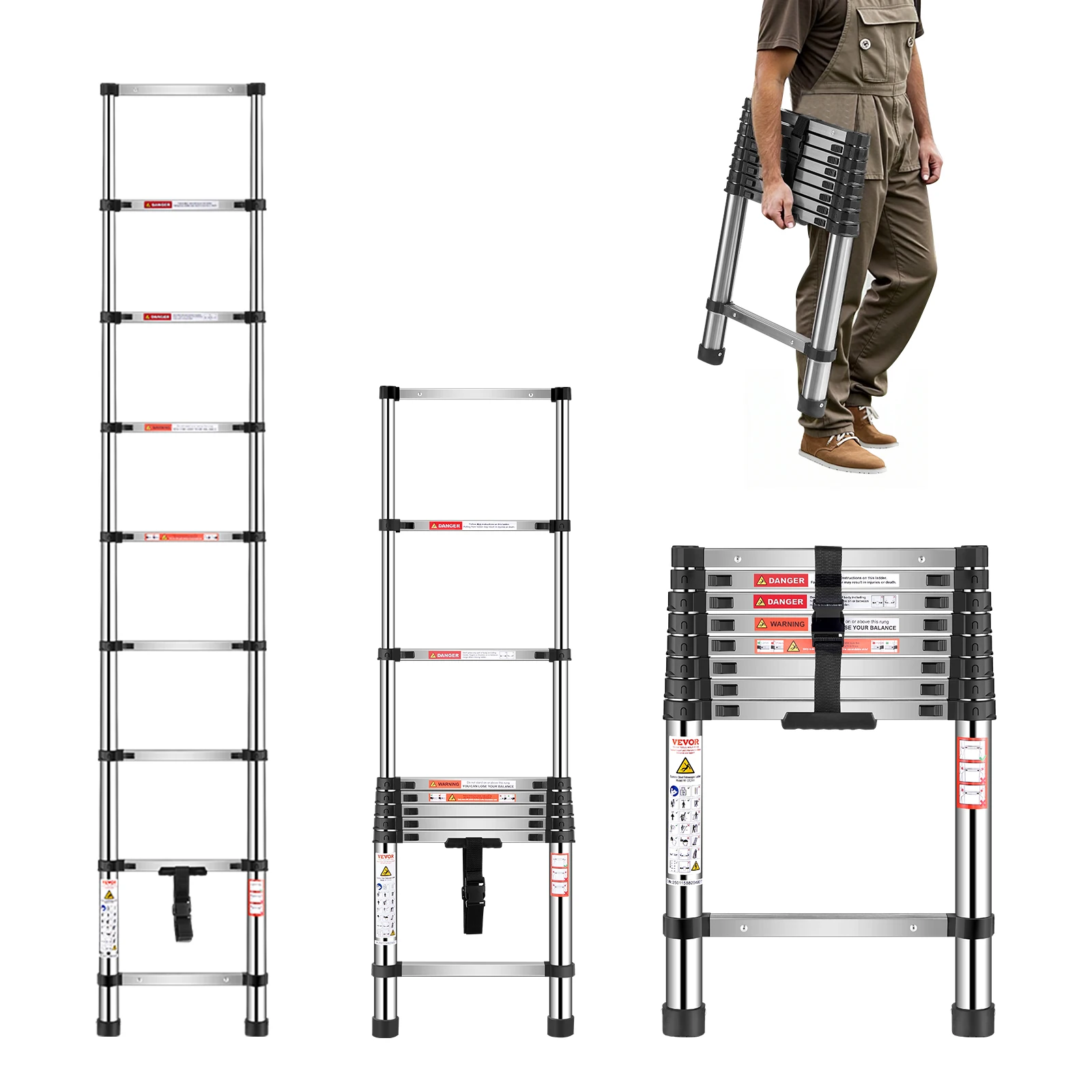 SucceBuy Telescoping Ladder  8.5/12.5ft Stainless Steel Multi-Button Retraction Collapsible Ladders 330LBS 9-Step for Home