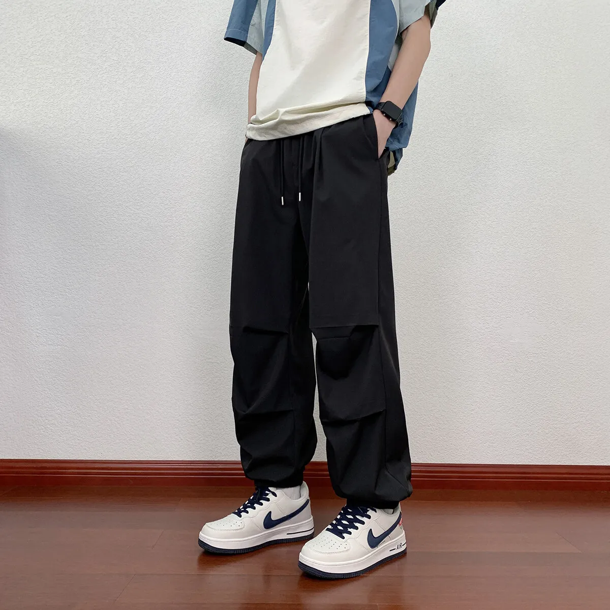 

2025 спортивные брюки мужские женские летние быстросохнущие ледяные шелковые тонкие широкие брюки парашют повседневная утягивающая рабочая одежда брюки длинные мужские брюки