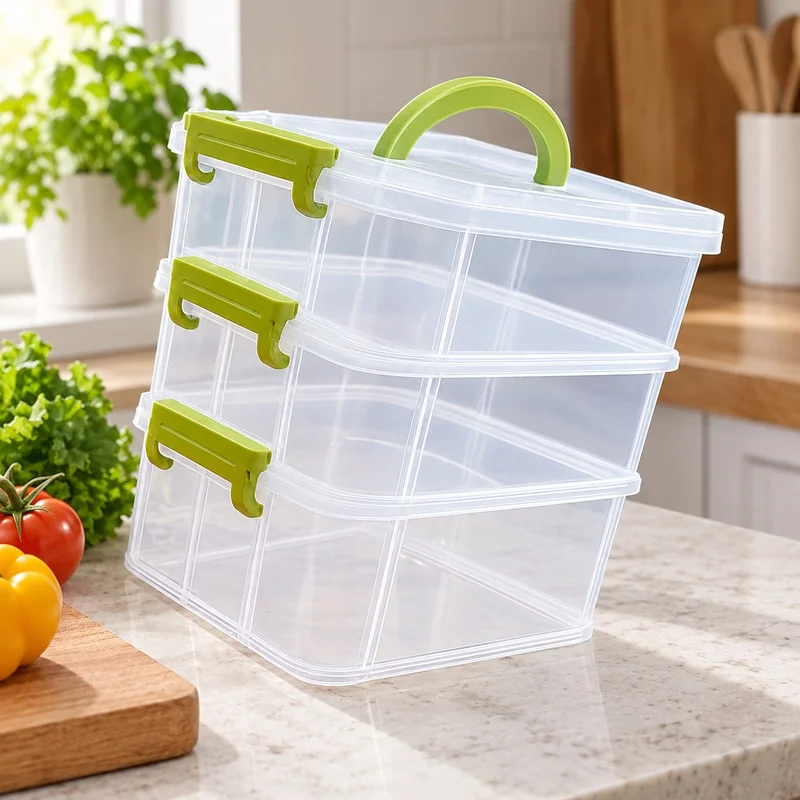 Transparent Portable Storage Box with Four Sections, Multi-Tiered Drawer for Toys and Small Parts Organization