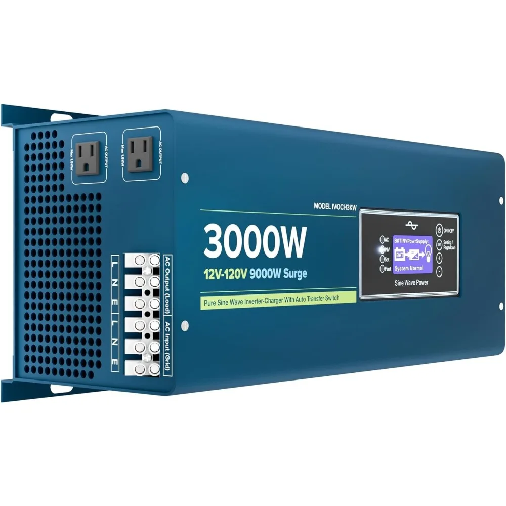 3000W Pure Sine Wave Inverter Charger Peak 9000W DC 12V - AC 110V LifePO4/ Lithium Battery Compatible Auto Transfer Switch