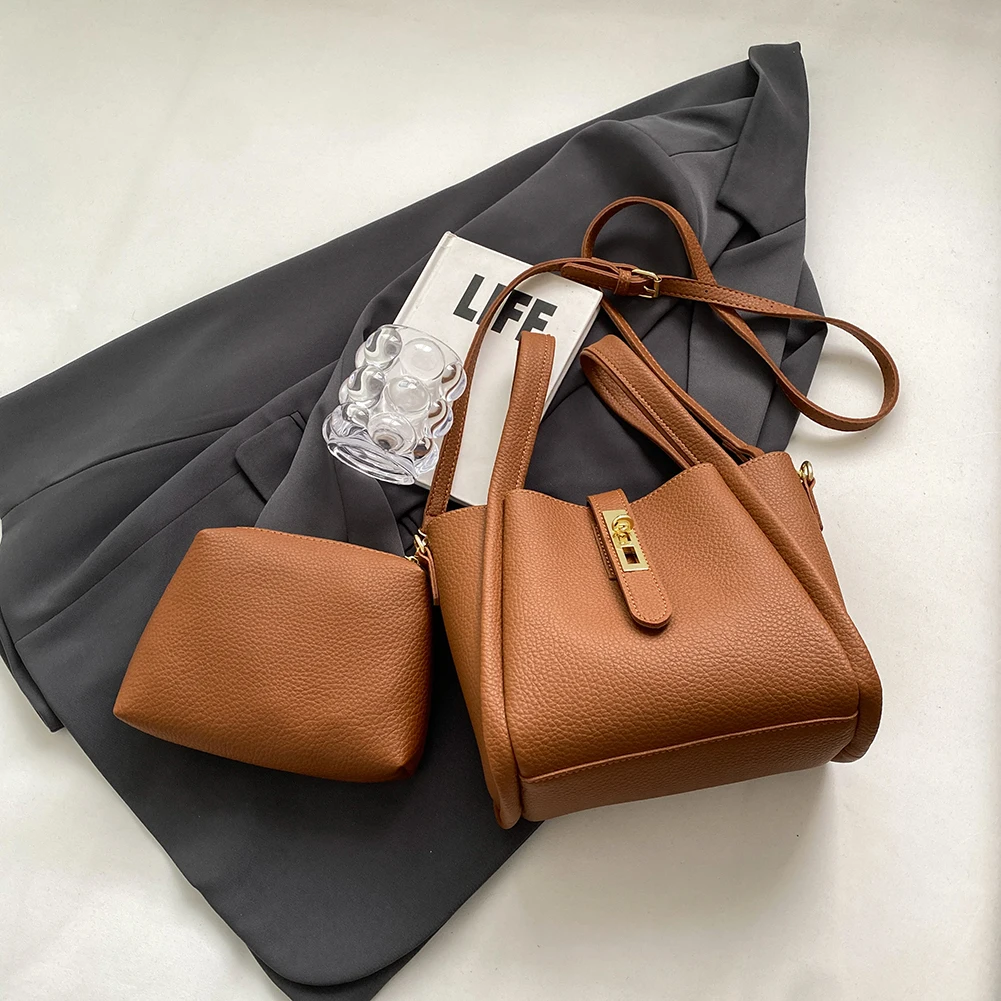 

Small Crossbody Bags for Women PU Leather Bucket Bag with Inner Bag Solid Handbag Autumn and Winter Retro Simple Shoulder Bags