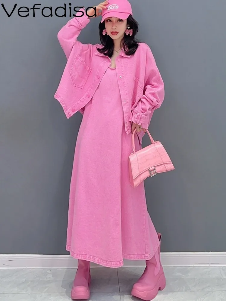 Vefadisa 2024 Spring Summer New Fashion Tank Top Long Dress Casual Coat Denim Set Pink Trendy Girl Women Matching Suit ZY557