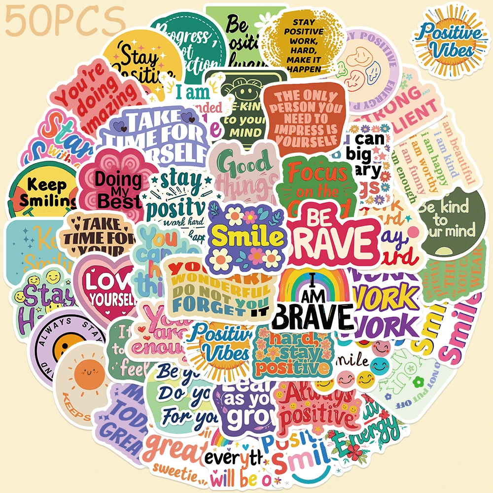 50pcs Cartoon Positive Affirmation Stickers Decals For Phone Laptop Refrigerator Scrapbook Skateboard DIY Aesthetic Stickers