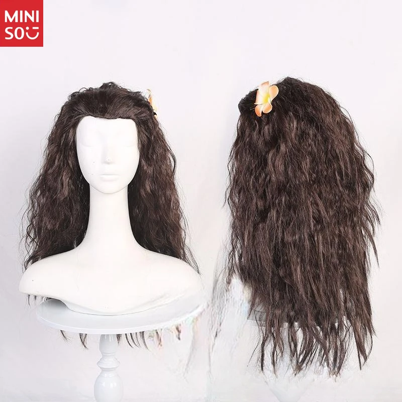 Perruque de Cosplay Miniso Moana avec fleur, cheveux longs bouclés brun foncé pour princesse Disney Wayfinding