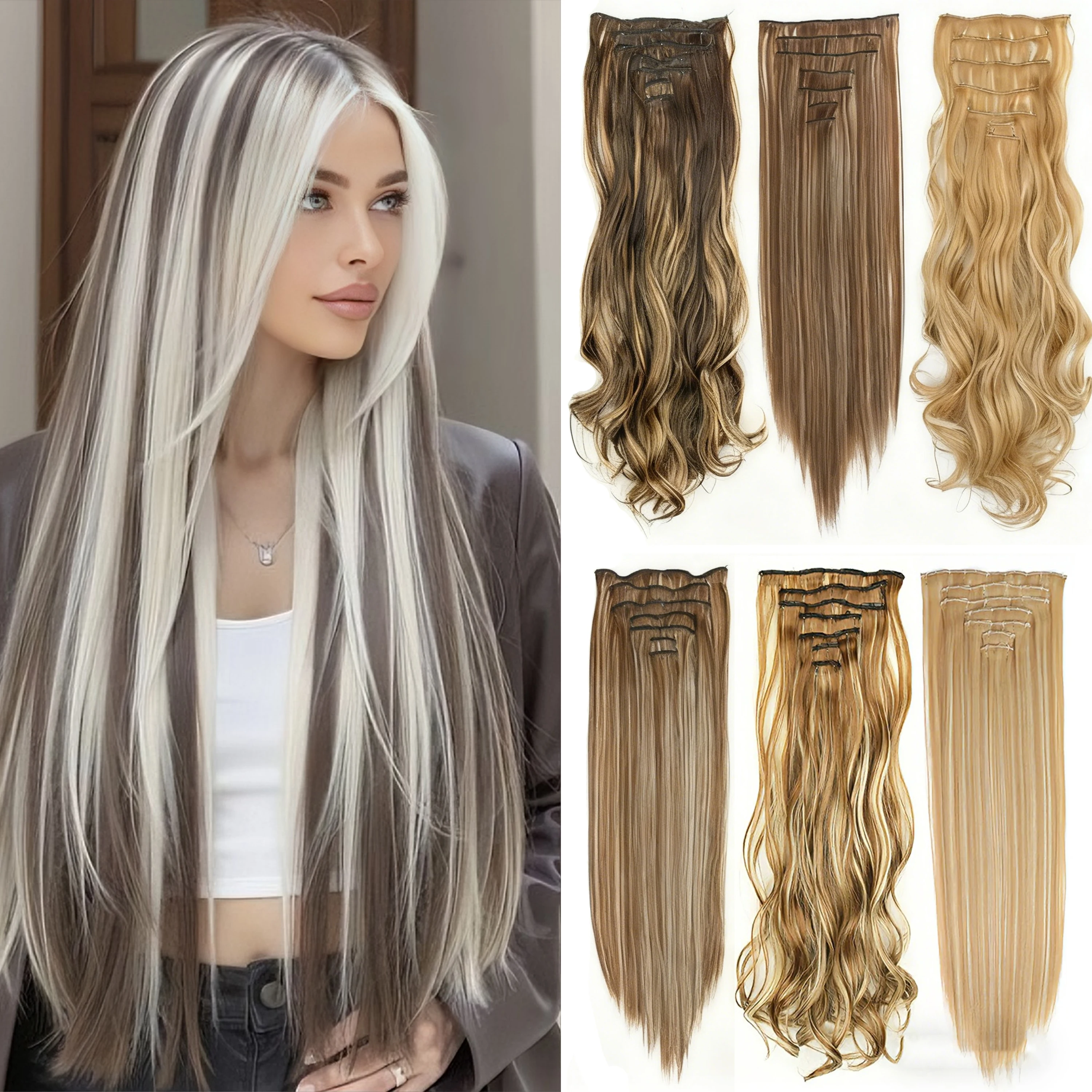 

22Inches Synthetic 16 Clips in Hair Extensions Long Straight Hairstyle Blonde Black Hairpieces Heat Resistant False Hair