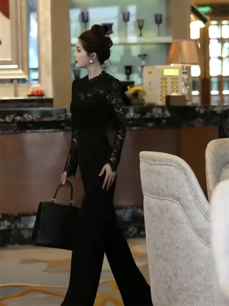 Ele Lace Trim High Waist Wide Leg Jumpsuit Women's Faion Spring Summer New round Ne See tough Splice Slim Fit One P...