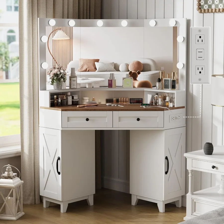 Corner Vanity Desk with Mirror and Lights Farmhouse Corner Vanity with Charging Station 2 Drawers 2 Cabinets Adjustabled Shelv