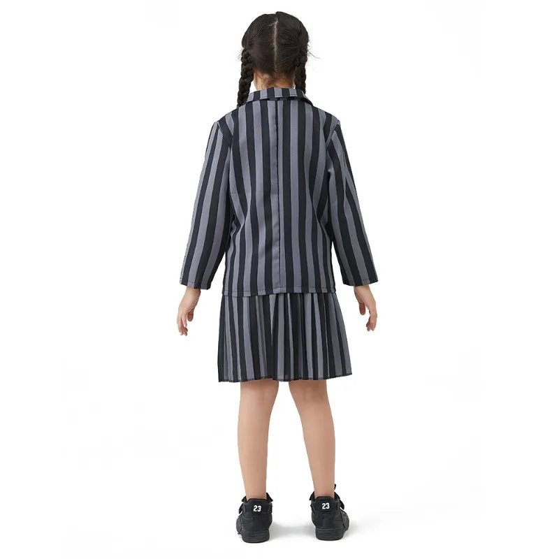 Girl Addams Family Halloween Cosplay Costume Girls Gray Purple Wednesday Addams Uniform Suit Skirts Wig Hand Wednesday Clothes