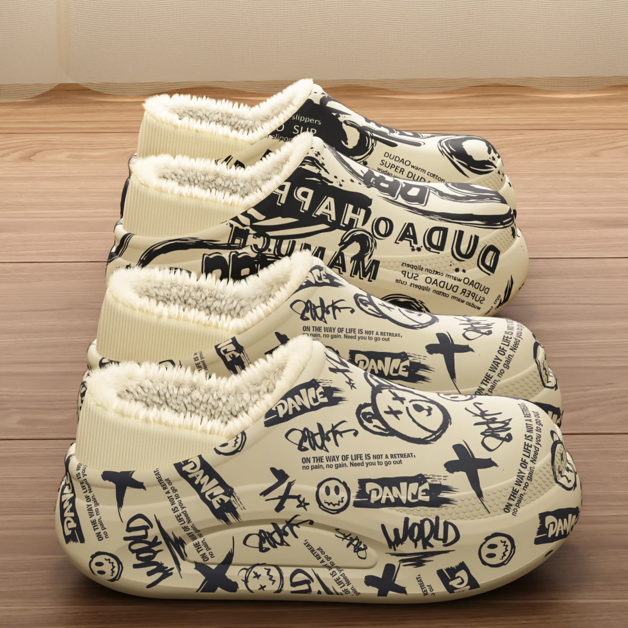 أحذية وشباشب جرافيتي عصرية للشتاء، شباشب منزلية دافئة ومضادة للانزلاق ونعل سميك، أزياء شخصية للرجال والنساء