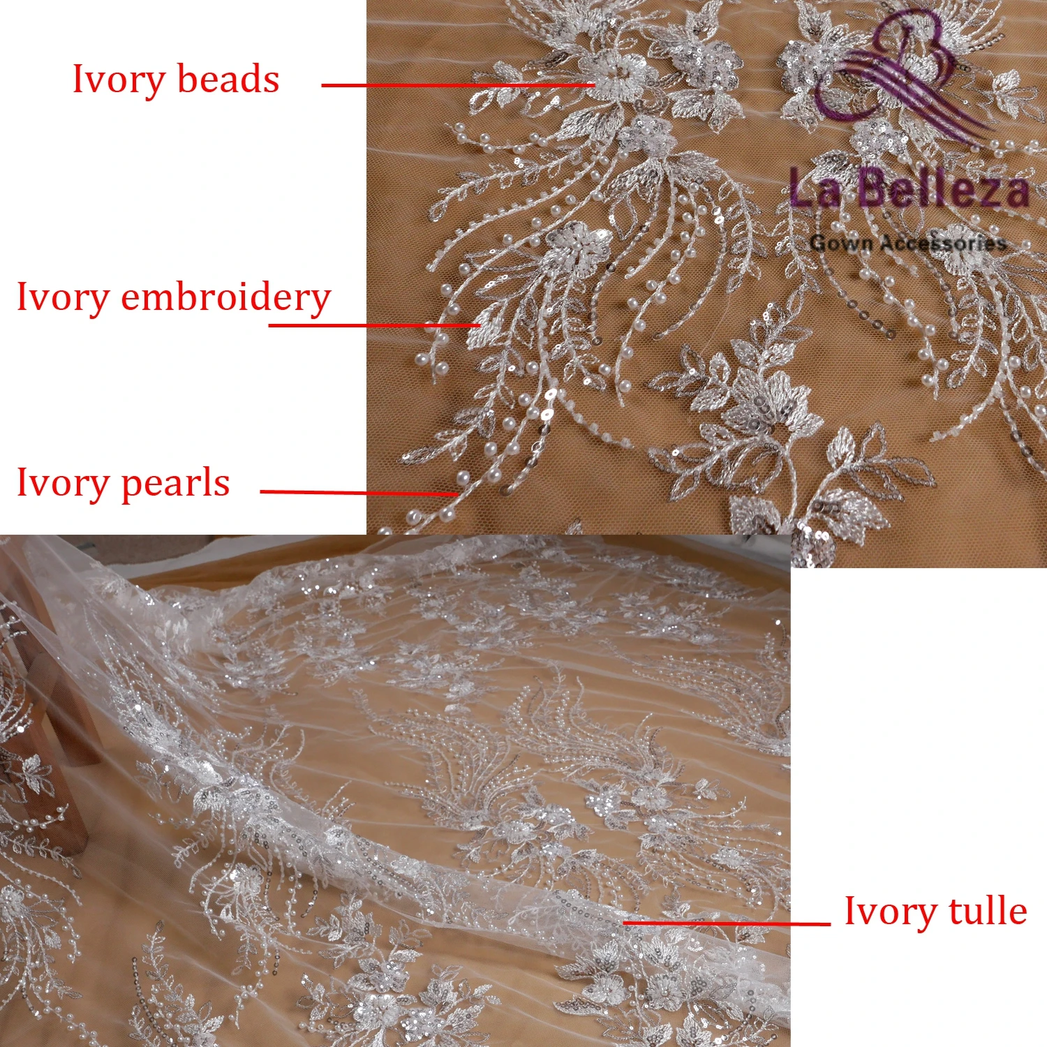 New ivory beads sequin flower leaves pearl embroidered fabric wedding dress evening clothing 2024