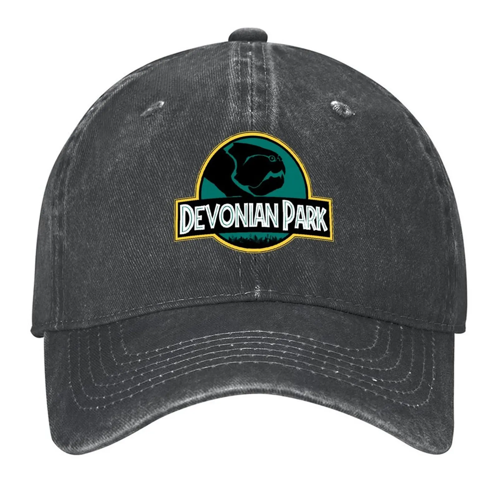 

Devonian Park Dunkleosteus Jurassic Logo Prehistoric Apparel Design Baseball Cap Streetwear Men's Hats Women's