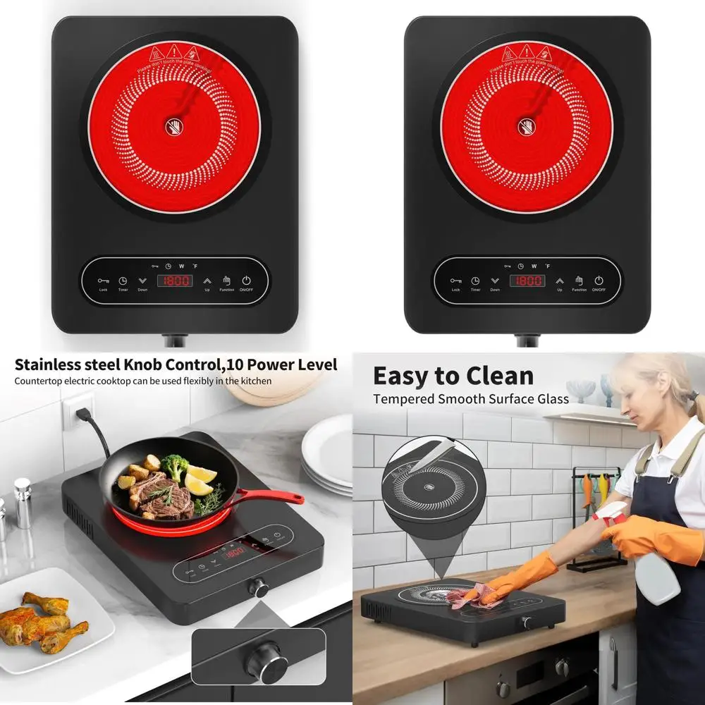 

110V 1800W LED & Knob-Controlled Single Burner Cooktop with 10 Power Levels, 4-Hour Timer, Safety Lock & Overheat Protection