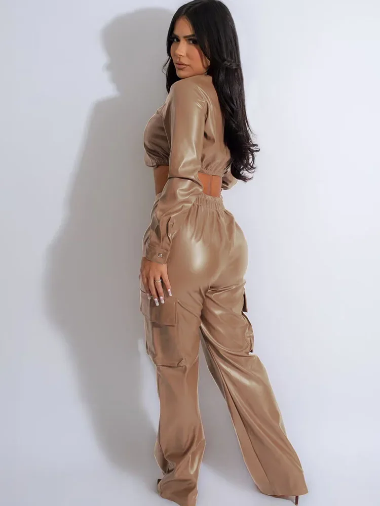 PU Faux Leather 2 Piece Sets Women Outfit Clubwear Y2K Clothing Zipper Crop Top and Pockets Wide Leg Pants New in Matching Sets