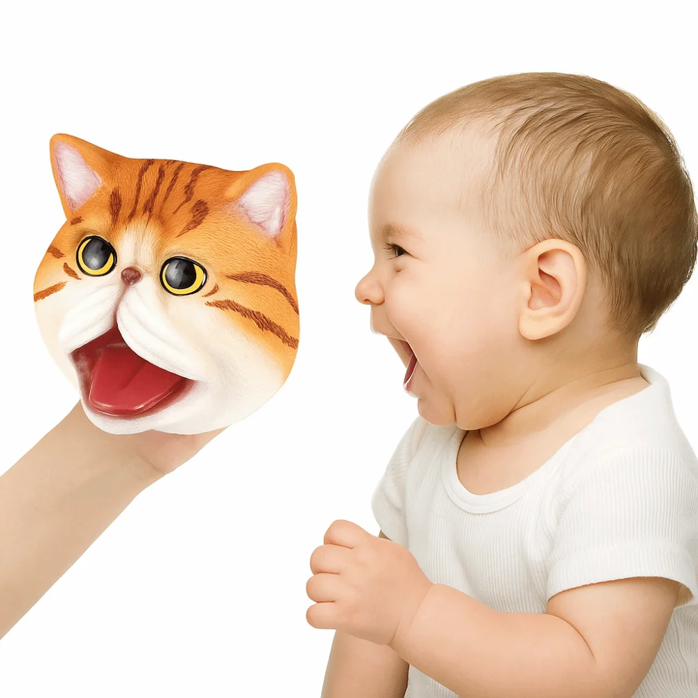ไวนิลสัตว์หัวหุ่นมือจําลอง Interactive รูปแมวของเล่นถุงมือเล่าเรื่องการศึกษาสัตว์เลี้ยงแมวหัวของเล่น