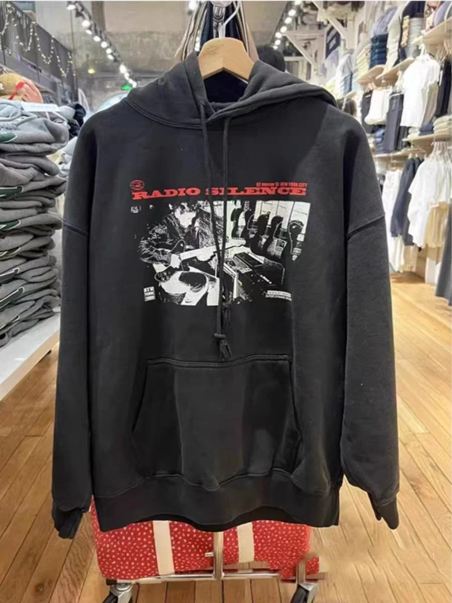 

BM American Guitarist Red Letter Print Hoodie Bla Outerwear Casual Loose Fit Women's Sweatirt Long Sve Cotton Jaet