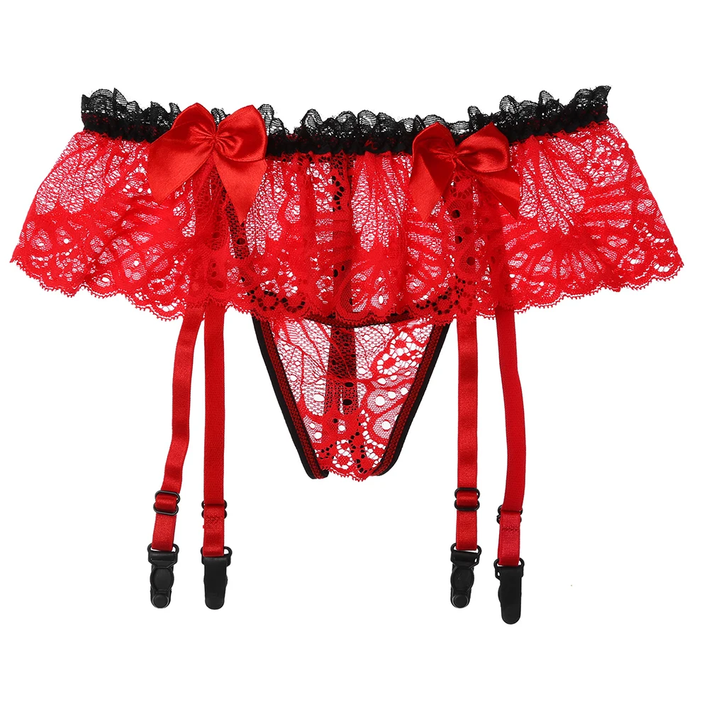 ملابس داخلية للرجال المثليين مع فيونكة من الدانتيل ملابس داخلية سيسي على شكل حرف G بدون أكمام للنساء على شكل حرف T من الخلف مع حزام رباط ثونج #5