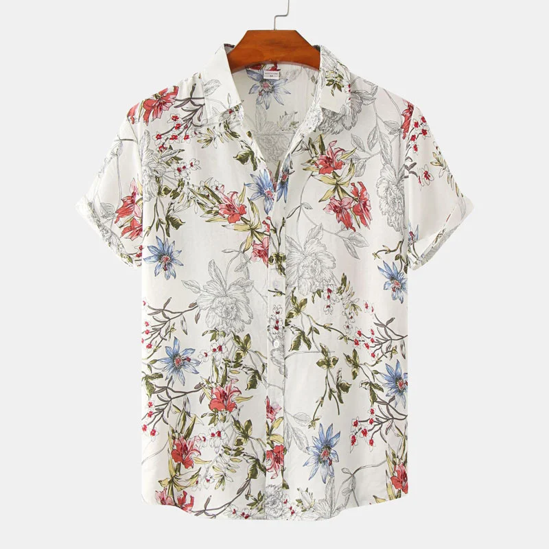 Vintage Flower Hawaiian Shirt Seaside Quick Dry Button Shirts Summer Holiday Casual Lapel Short Sleeve Top Men\'s Clothing