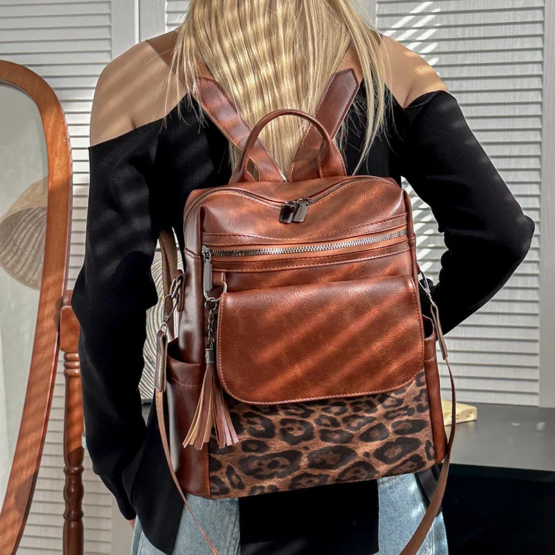 Leopard Print PU Leather Patchwork Design Women Large Capacity Shoulders Backpack Bag Lady Satchels Handle Travels Packsack Bag