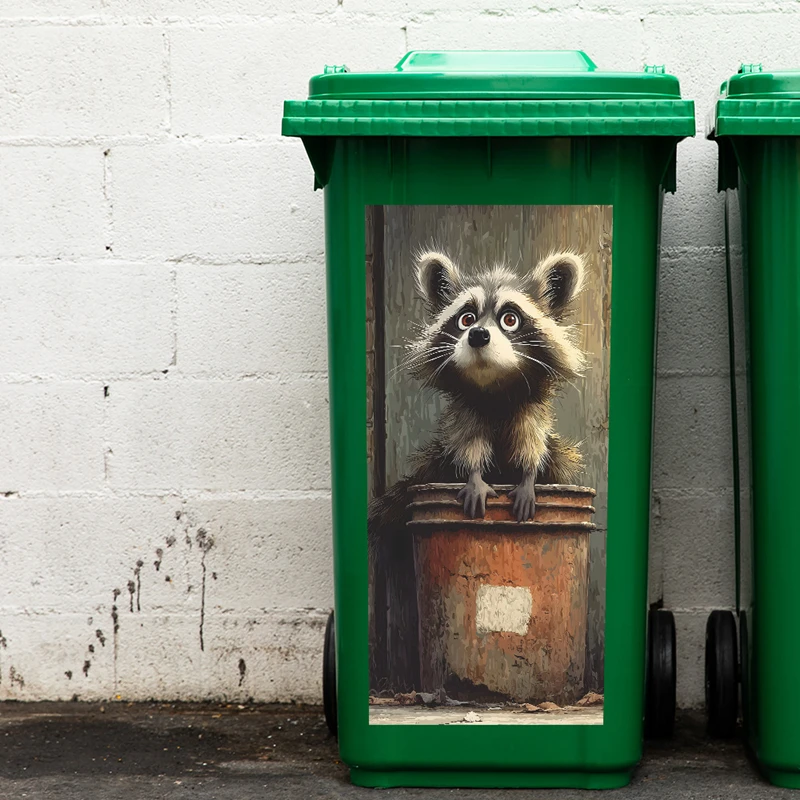 Baby Raccoon Old Metal Bucket Vinyl Mural Stickers Waterproof Sun-proof for Home Refrigerator Outdoor Rubbish Bin Decorations