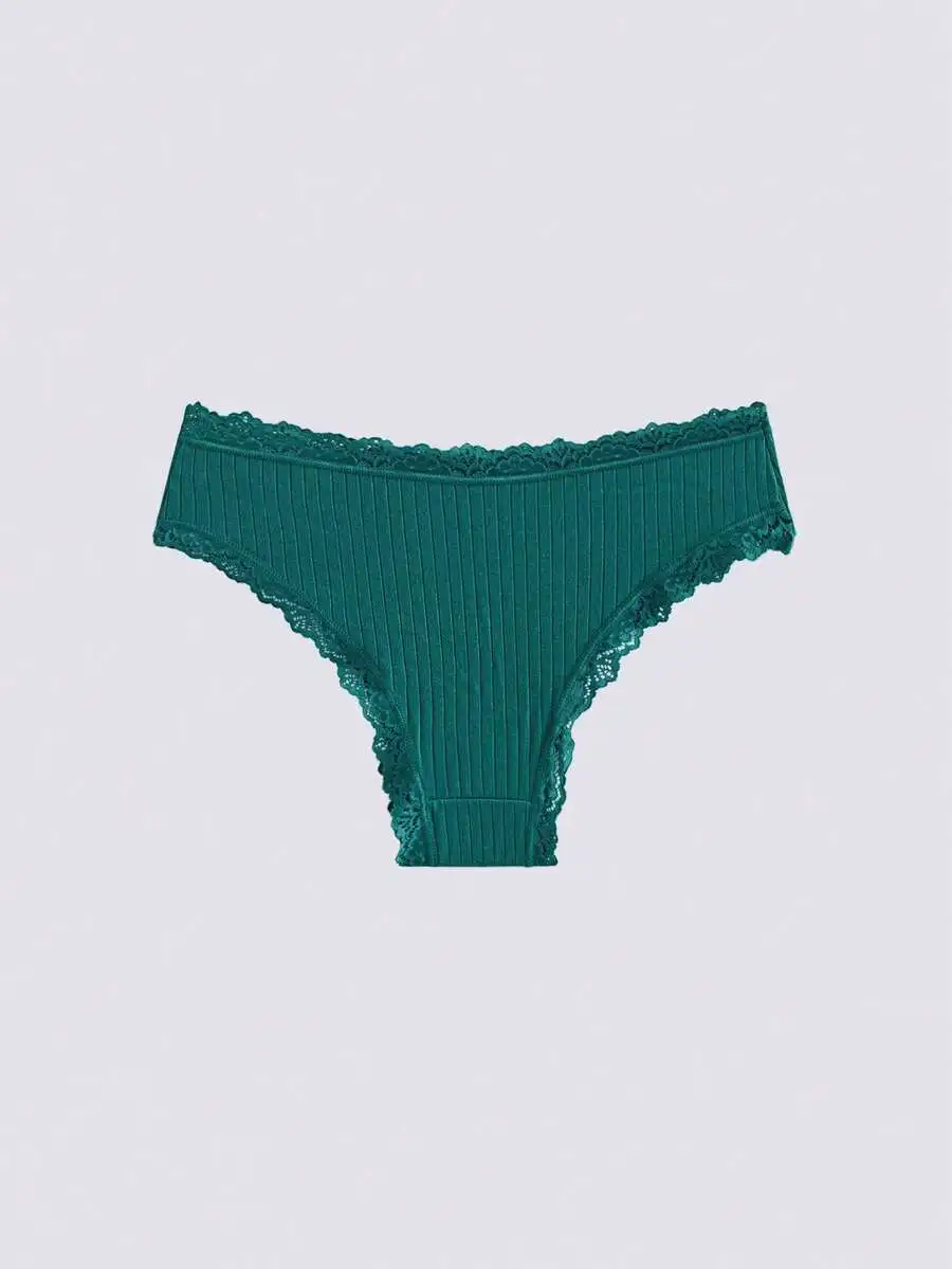 

Comfortable Ribbed Lace Trim Bikini Panties For Women