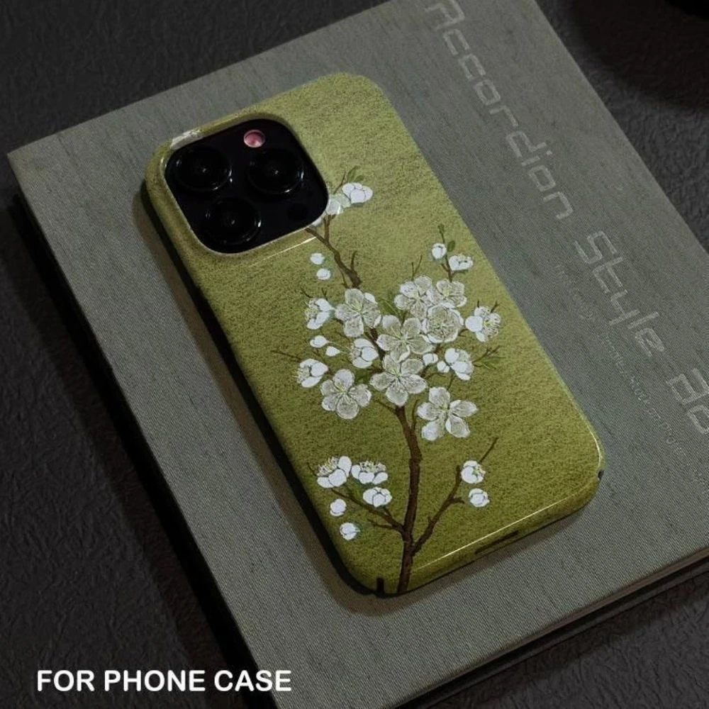 النمط الصيني الأخضر زهر البرقوق الفني قضية الهاتف آيفون 17 16 15 14 11 12 13 برو ماكس الهواء زائد الغطاء الخلفي