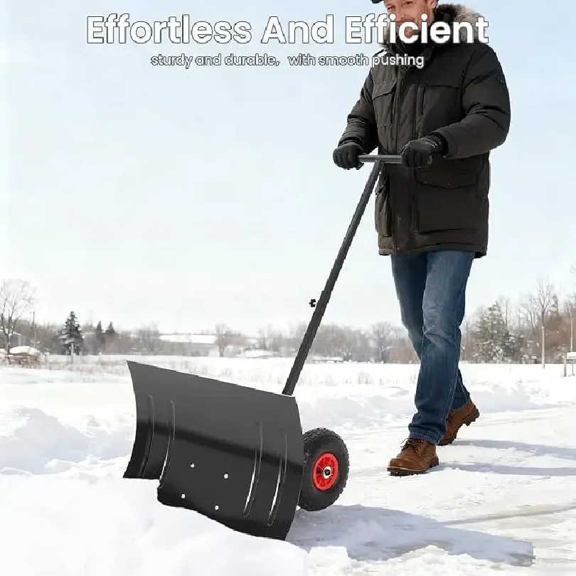 Snow Shovel with Wheels, Adjustable Snow Pusher with Handle Steel frame,Adjustable angle,Rubber wheels,Driveway,Sidewalk,