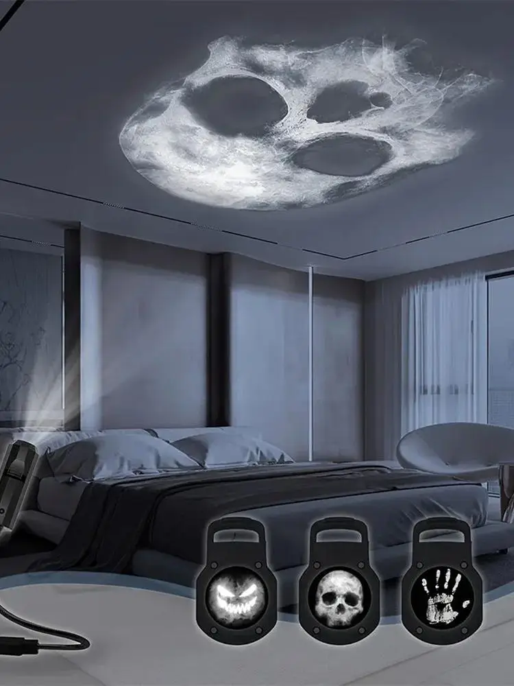 Halloween Skull Projector Lamp USB Power Supply 360-degree Rotation Magnetic Ceiling Wall Horror Decoration for Haunted House