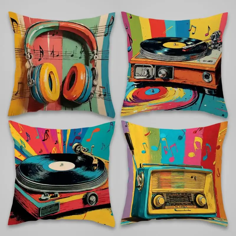Retro Music Pop Art Pillowcase Canvas Print Vintage Record Player Headphones Lover Gift Home Decor Cushion Case