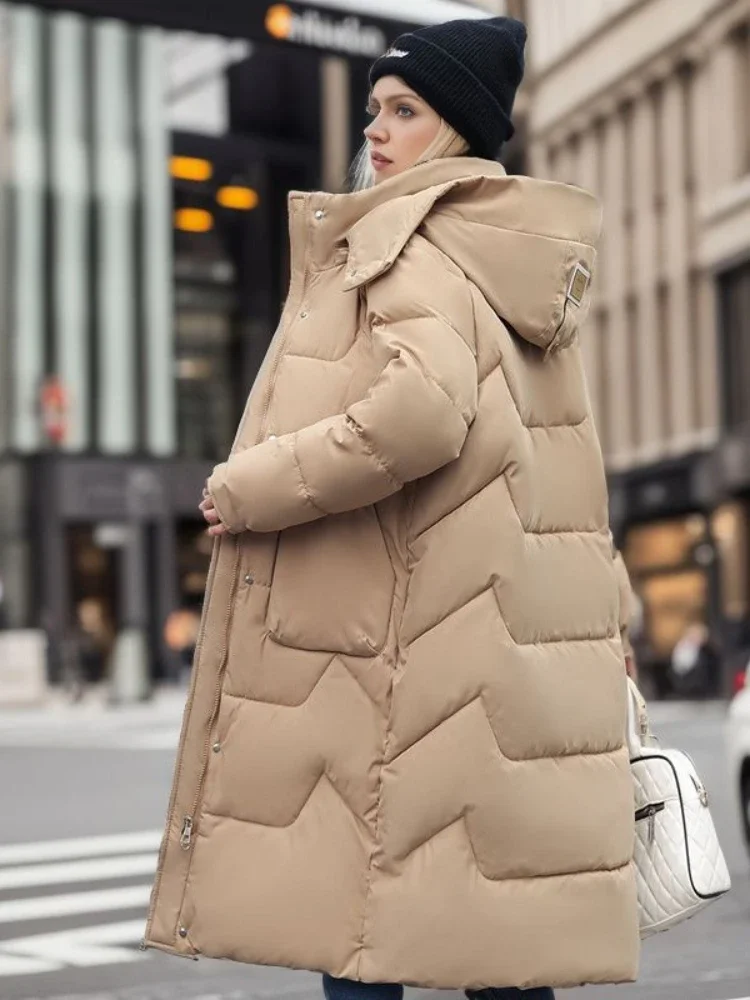 2024 Winter Kleidung Frauen Neue Abnehmbare Hut Solide Lose Mantel Frauen Zipper Mit Kapuze Über Knie Taschen Verdickt Lange Parkas