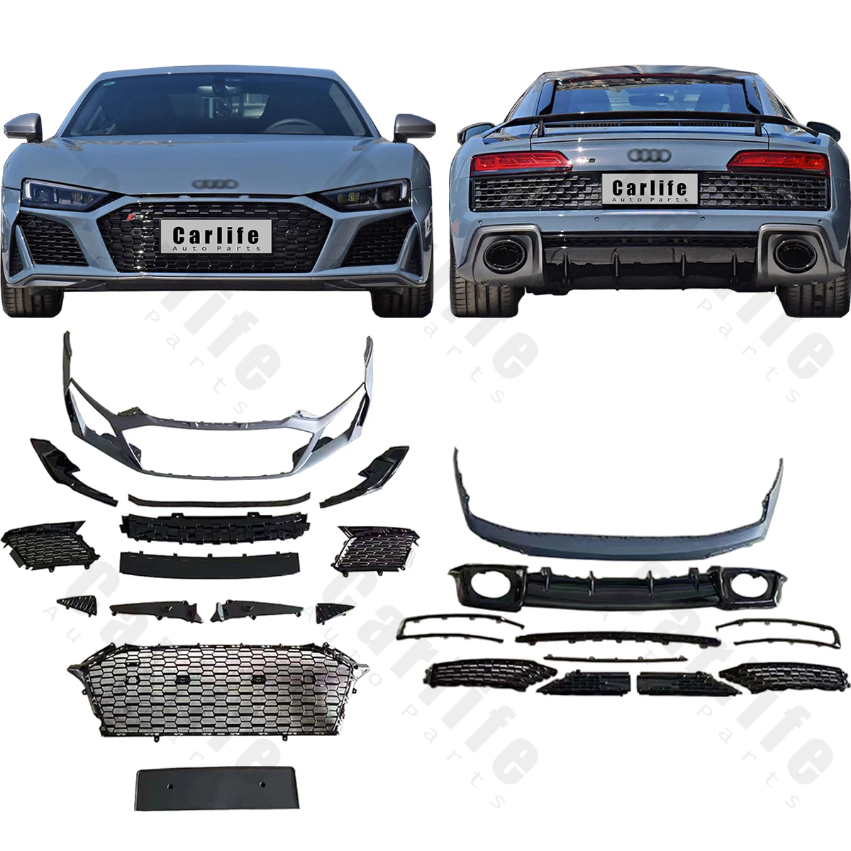 For R8 old to new Body kit include Front and Rear bumper assembly for Audi R8 2016 2017 2018 upgrade to 2021 R8 style