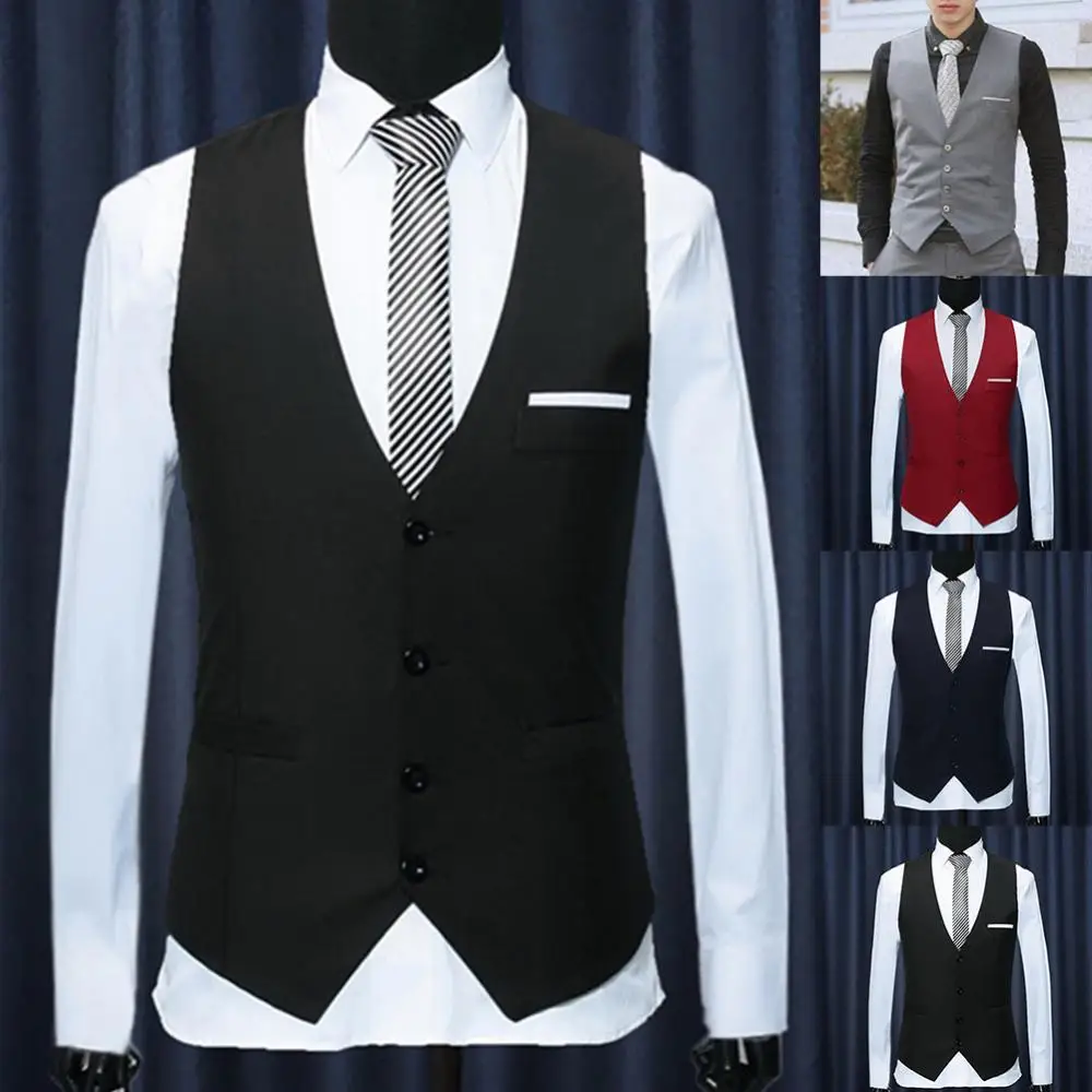 Fashion Men Vests Waistcoat Solid Color V Neck Sleeveless Buttons Blazer Plus Size Formal Business Jacket Vests