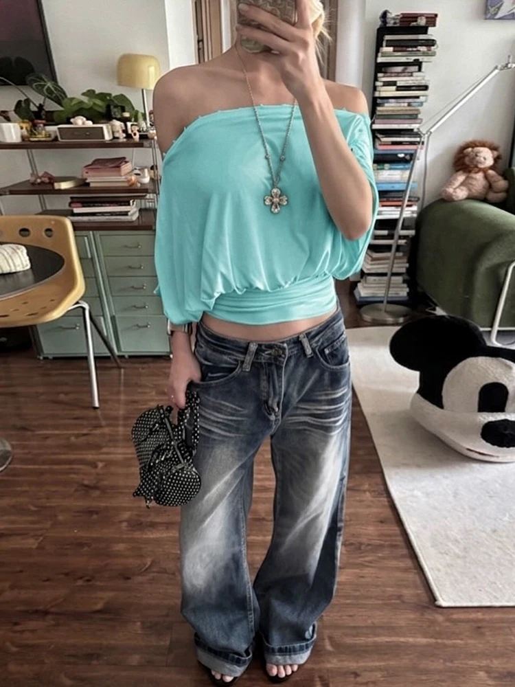 Nibber klassisches, lockeres T-Shirt für Damen, schulterfrei, Fledermausärmel, Falten, Freizeit, bequem, Sommermode, täglicher Pendelverkehr, Streetwear