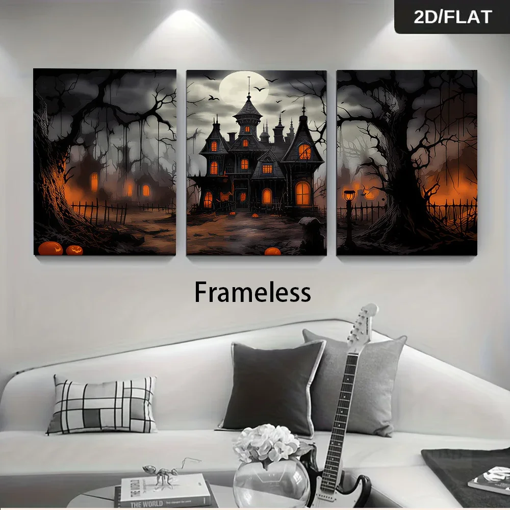 Multiple sizes 3pc frameless Canvas Painting Halloween haunted house triple horror castle moonlit scene living room entrance fra