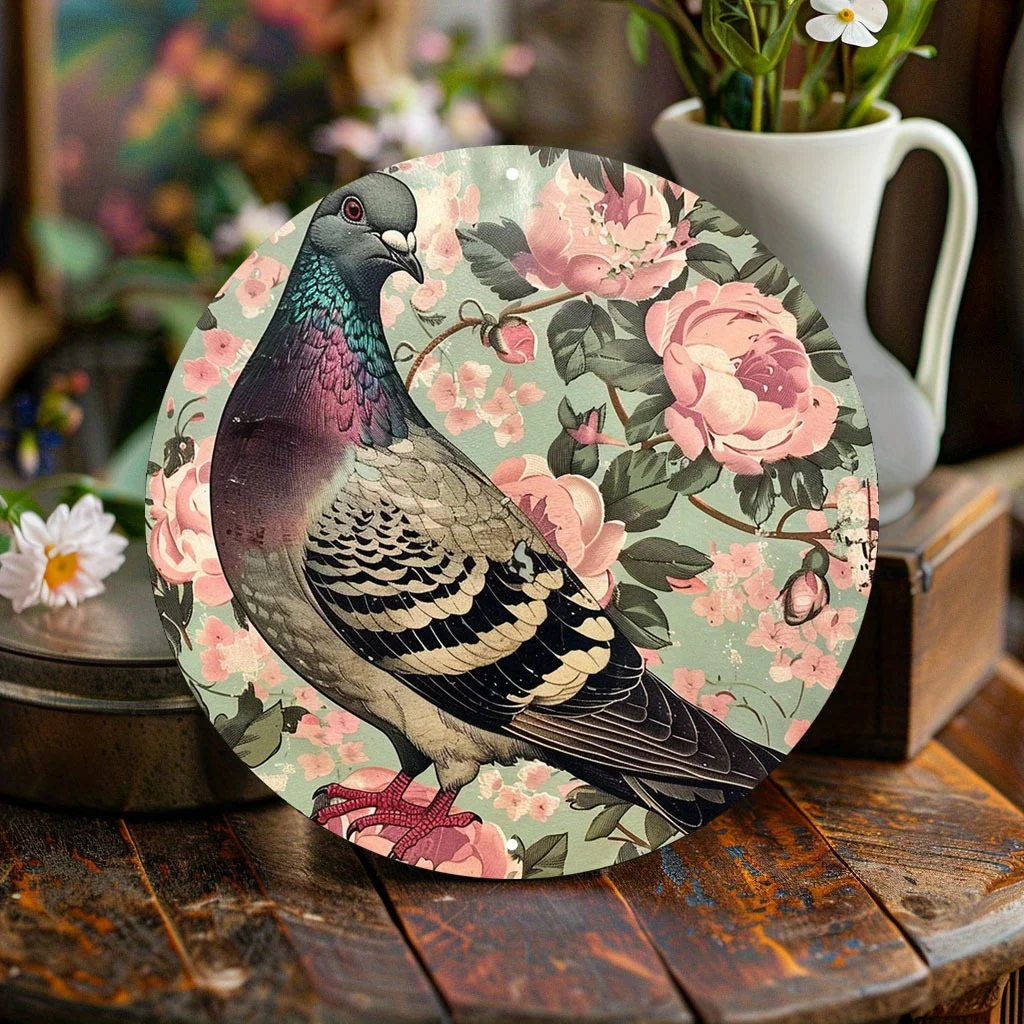 2D Flat, 1pc, 2D Flat, 7.87inch x 7.87inch, Round Metal Sign, Decorative Sign & Plaque, Wall Decor, Metal Iron Sign Chic Pigeon