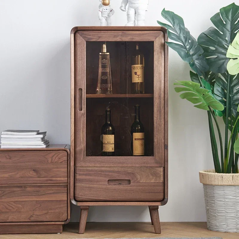 

Solid Wood Glass Door Side Cabinet Small Wine Cabinet Wall North America Black Walnut Restaurant Cabinet
